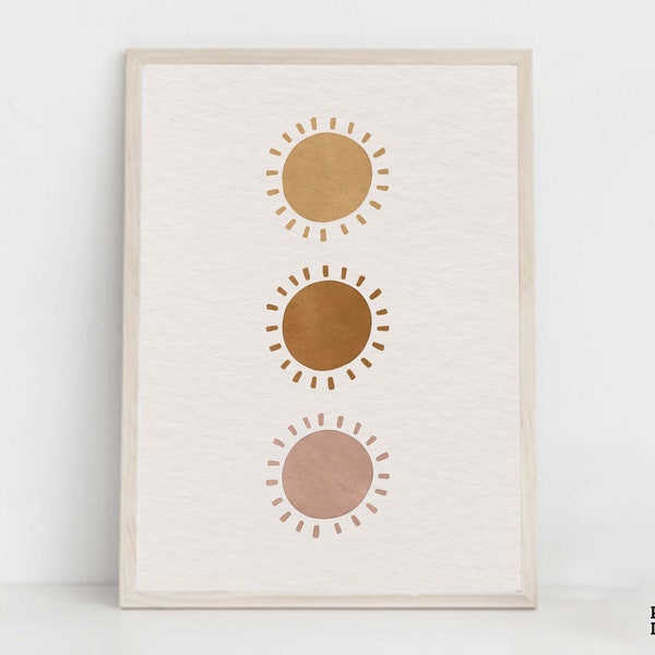 Boho Little Suns Nursery Print, Baby Bedroom Decor, Modern Mid Century Sun Wall Art, Gender Neutral Above Crib Artwork, Watercolor Art Print