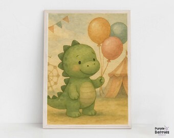 Stampa acquerello boho con dinosauro che trasporta palloncini, simpatica decorazione murale con dinosauro, decorazione per cameretta dei bambini, illustrazione di carnevale, stampe di cuccioli