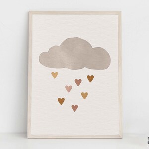 May include: A watercolour print of a grey cloud with brown and pink hearts falling from it. The print is framed in a light wood frame.