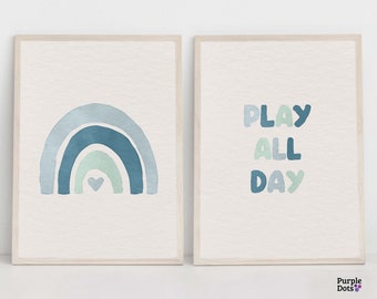 Boho Nursery Print Set Of 2, Rainbow Wall Art, Play All Day Playroom Kids Artwork, Gender Neutral Toddler Gift Idea, Boy Above Crib Artwork