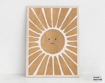 Shining Sun Printable Wall Art, Sunburst Nursery Print, Boho Celestial Art Kids Nursery, Smiling Sun Children Bedroom Design, Digital Poster