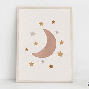 Boho Mond und Sterne Kinderzimmer Kunstdruck, Gender Neutral druckbare Kunstwerk, Boho Kunst für Spielzimmer Dekor, moderne Mid Century Kinder Poster