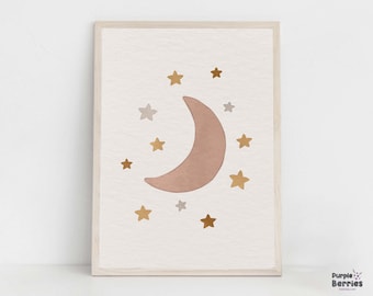 Boho Moon And Stars Nursery Art Print, Gender Neutral Printable Artwork, Bohemian Art for Playroom Decor, Modern Mid Century Children Poster