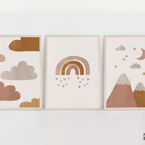 Boho Kinderzimmer Print 3er-Set, Baby Celestial druckbare Wandkunst, Gender Neutral Kinder Poster, Wolken und Regenbogen Print, Berge Nachtszene
