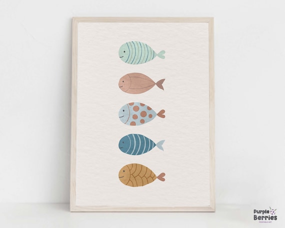 Fish Nursery Print, Sea Animals Printable Wall Art, Nautical Kids Playroom Decor, Gender Neutral Nursery Digital Artwork, Sea Animal Poster