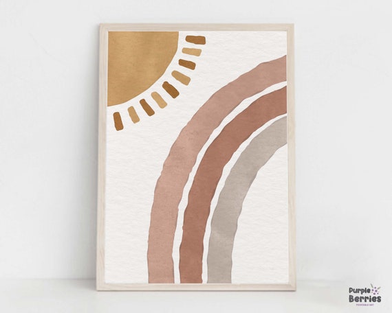 Boho Sun And Rainbow Print, Gender Neutral Nursery Printable Wall Art, Abstract Rainbow Artwork, Minimalist Boho Sun Poster, Playroom Decor
