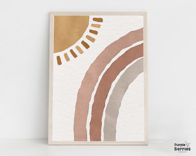 May include: A digital art print featuring a watercolor-style rainbow in shades of pink, brown, and gray, with a sun in the top left corner. The sun is a yellow circle with brown rays.