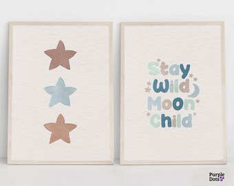 Nursery Print Set Of 2, Stars Boho Printable Wall Art, Stay Wild Moon Child Quote, Kids Room Blue Artwork, Cute Boho Gender Neutral Baby Art