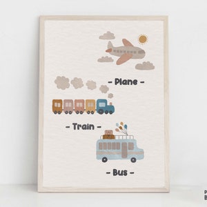 May include: A printable wall art print featuring illustrations of a plane, train, and bus. The print has a light brown background with a light brown frame. The text on the print reads "Plane", "Train", and "Bus".