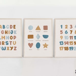 Set di 3 stampe per asilo nido Boho, poster educativi per la sala giochi, opere d'arte con alfabeto e numeri, poster per bambini con forme geometriche, arredamento neutro rispetto al genere