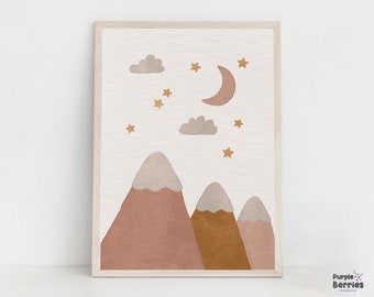 Abstract Mountains Night Scene Print, Terracotta Nature Printable Wall Art, Moon And Stars Sky Poster, Modern Mid Century Children Playroom