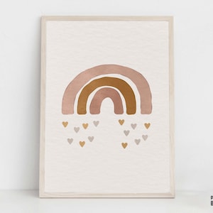 Boho Rainbow And Hearts Nursery Poster, Cute Bohemian Kids Room Decor, Minimal Rainbow And Heart Watercolor Wall Print, Gender Neutral Art