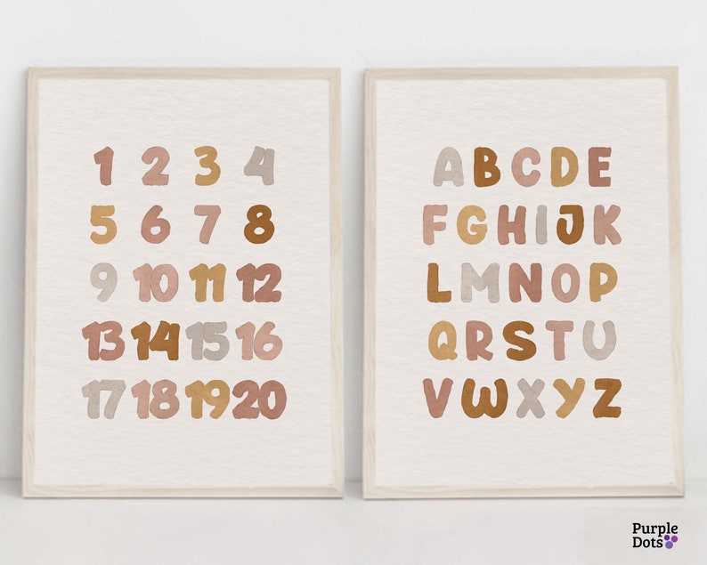 Boho Nursery Print Set Of 2, Alphabet And Numbers Educational Poster, Gender Neutral Kids Printable Wall Art Digital Download Baby Gift Idea image 1