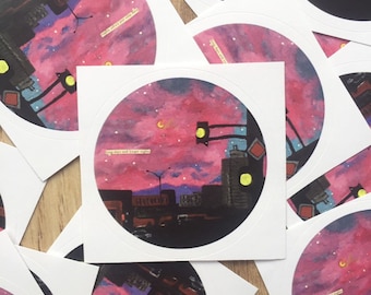 Sunset pink night sky original painting circular stickers