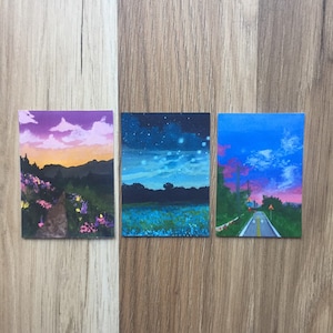 Set of 3/duo mini art prints | sunset, galaxy, flowerfield mini art prints | minimalist relaxing aesthetic art prints | affordable art print