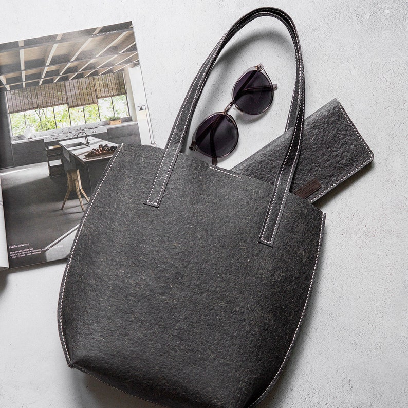 Handmade, Sustainable, Eco-friendly, Vegan, Cruelty-free MINA Structured Tote Grey Black Coconut Leather
