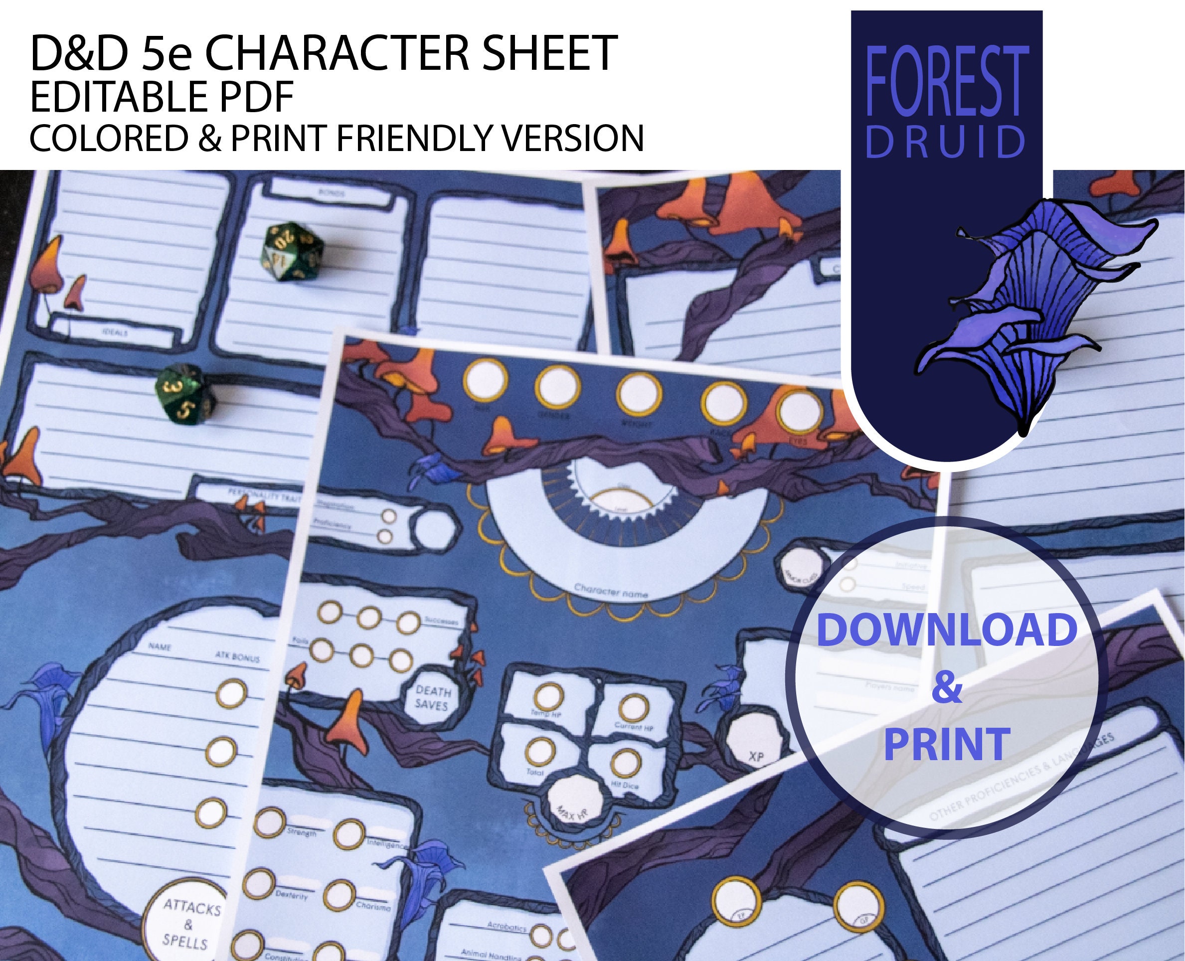Dnd 5e Character Sheet - Editable PDF - Black and White + Colored ...