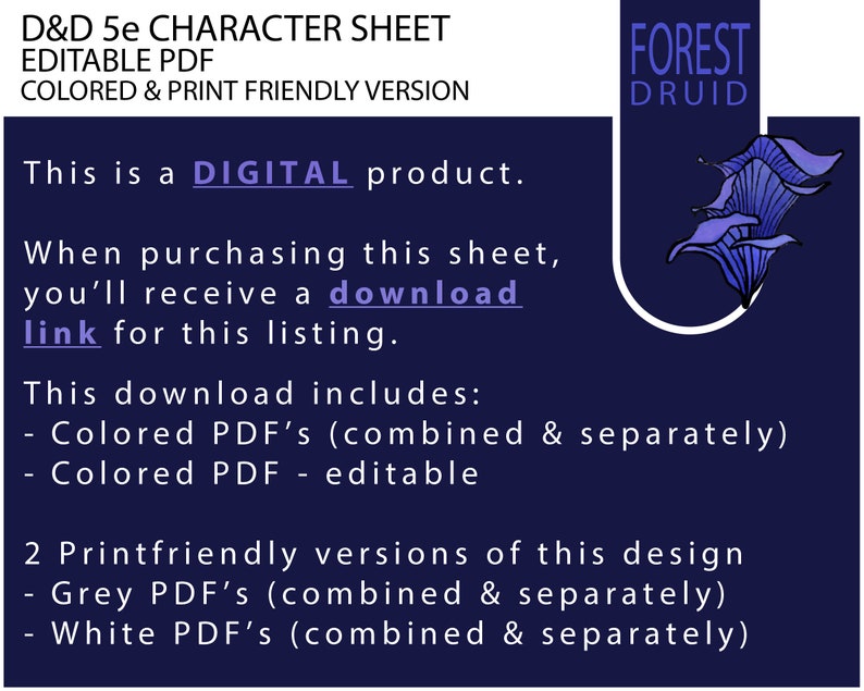 Dnd 5e Character Sheet - Editable PDF - Black and White + Colored ...