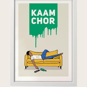 A white wood frame containing an illustration of a man lying on a yellow couch with a green liquid dripping from the top of the frame.