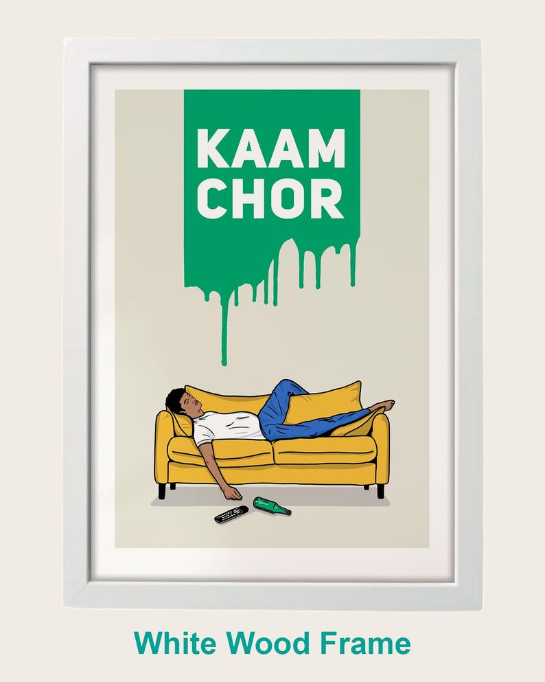 A white wood frame containing an illustration of a man lying on a yellow couch with a green liquid dripping from the top of the frame.