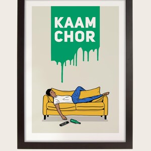 The image is a framed poster with a cartoon illustration of a man lying on a yellow couch, with a green dripping effect above him.