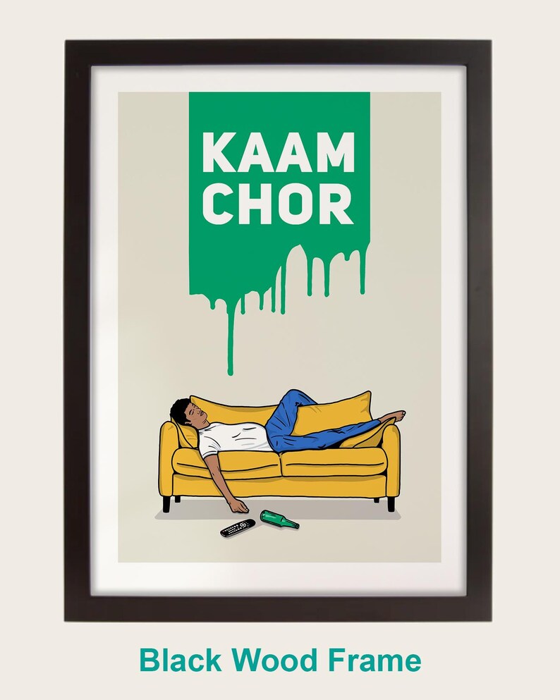 The image is a framed poster with a cartoon illustration of a man lying on a yellow couch, with a green dripping effect above him.