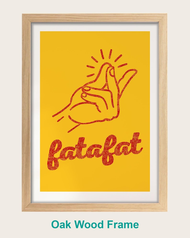 a hand gesture with the word "fatfat" written below it in a red font against a yellow background. The frame is made of oak wood.