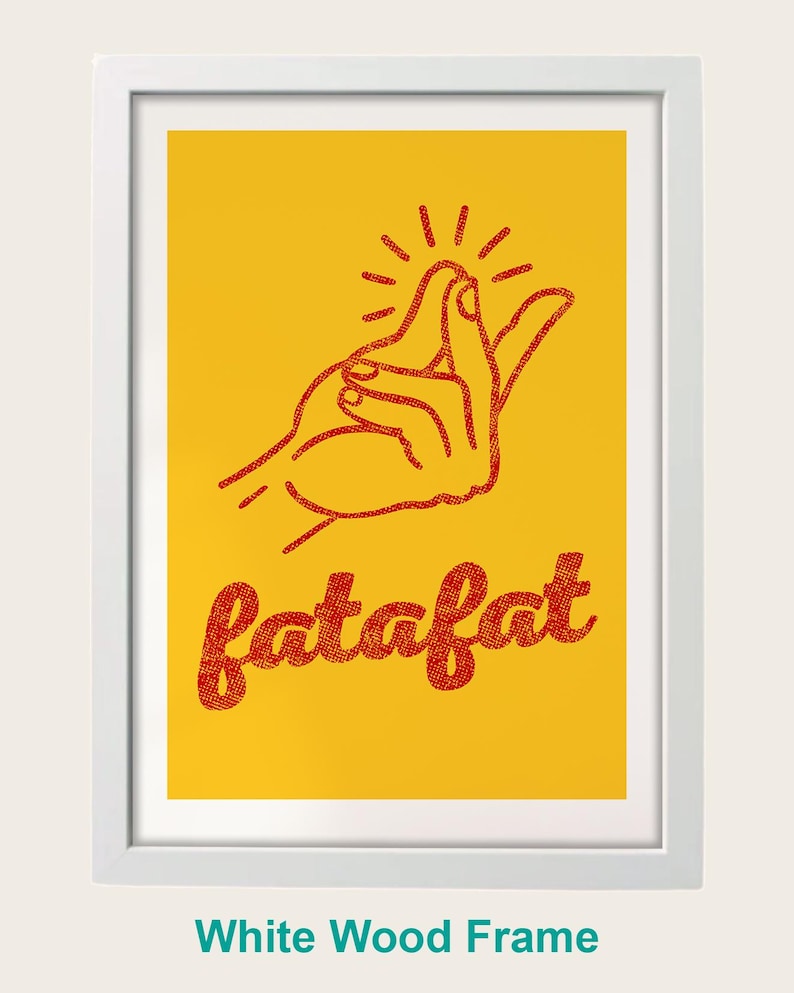 A framed artwork with a yellow background and a red hand gesture. The text below the frame reads "fatfat".