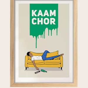 a man lying on a yellow couch with a green dripping paint splatter above him.