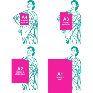 The image is a print size guide that provides dimensions for different print sizes, including A4, A3, A2, and A1. The model's height is 5'1" (155cm).