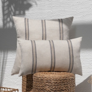 Montebello/ Beige, dark navyblue striped 100% linen pillow cover