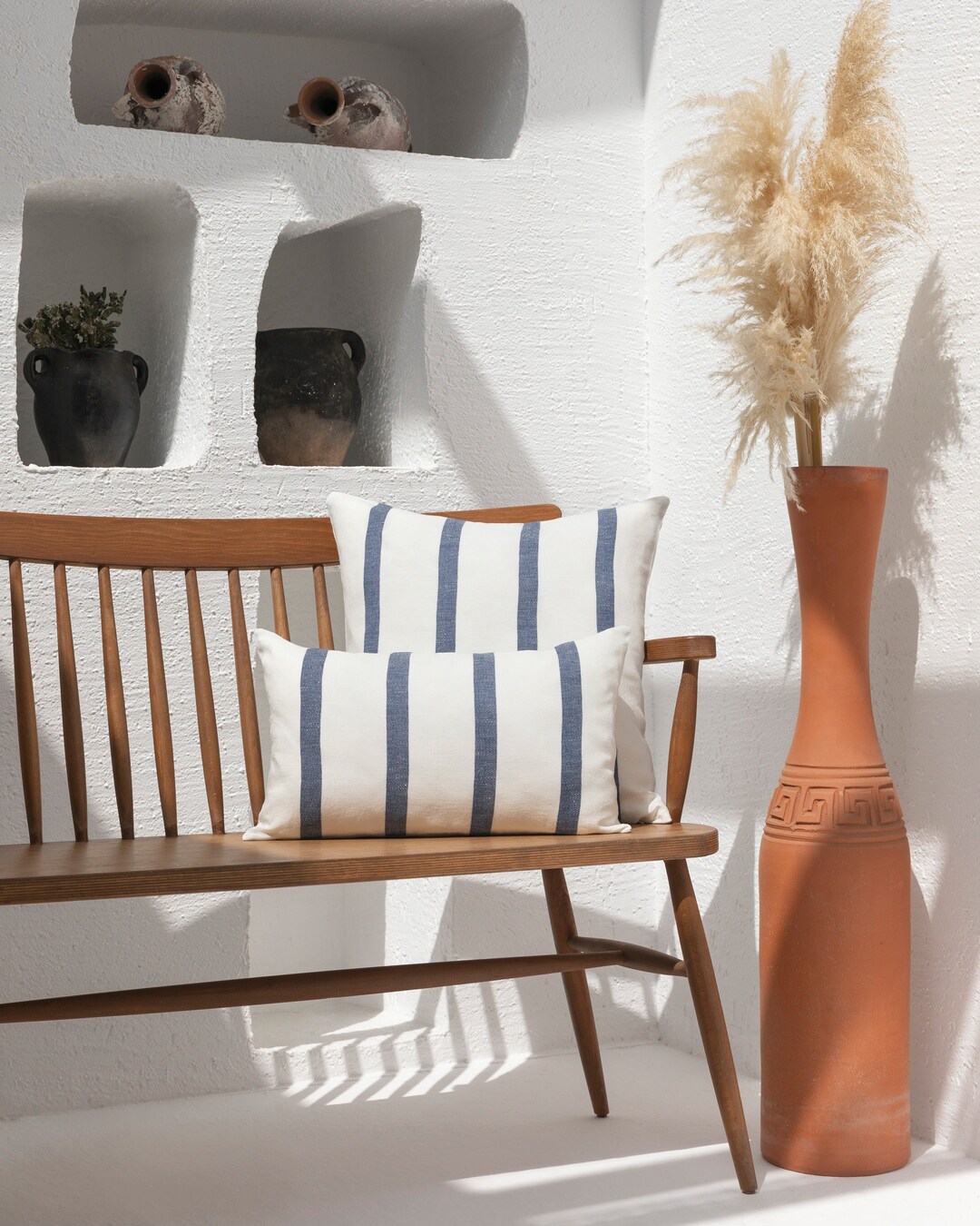 Marinara/ Cream Linen Pillow Cover With Navy Blue Stripes Etsy