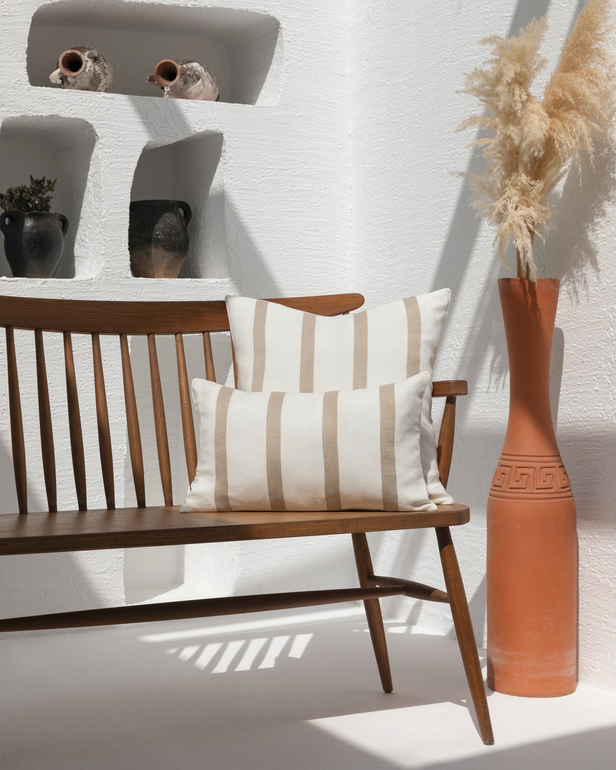 Marinara/  Cream Linen Pillow Cover With Beige Stripes