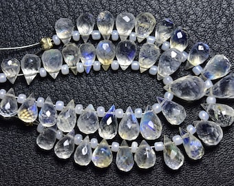 Rainbow Moonstone Teardrop Beads - 10 Pcs,Natural Faceted Rainbow Moonstone Side Drilled Teardrop Briolettes,Size is 4x6-5x8mm #352