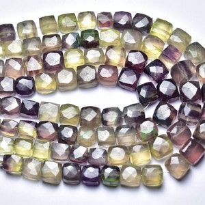 Bi Fluorite Cube Beads - 7 inches - Natural Beautiful Fluorite Faceted Box Cubes Beads - Size is 7 -8mm #2280