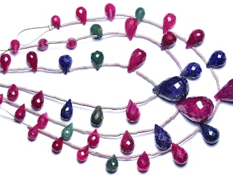 Sapphire and Ruby Tear Drops Bead Strand -7 inches,Dyed Sapphire,Ruby Faceted Teardrop Briolettes,Size is 6x7-7x10mm #276