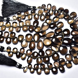 Smoky Quartz Pear Beads - 7 inches - Natural Beautiful Smooth Smoky Quartz Briolette - Size is 6x7 - 10x14.5 mm #2627