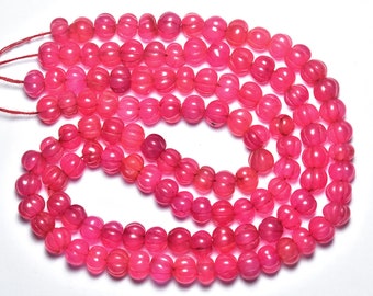 Hot Pink Natural Quartz Melon Beads - 8 Inches - Hand Carved Dyed