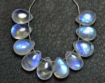 Blaue Blitze Regenbogen Mondstein Briolette Perlen - 10 Stück - natürliche schöne glatte Regenbogen Mondstein Birne Brioletten - Größen Optionen # 1507