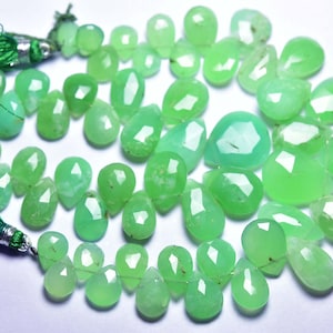 Natural Chrysoprase Briolette Beads - 7.5 inches - Most Beautiful Natural Faceted Chrysoprase Pear Briolette - Size is 8x10-12x17 mm #1717