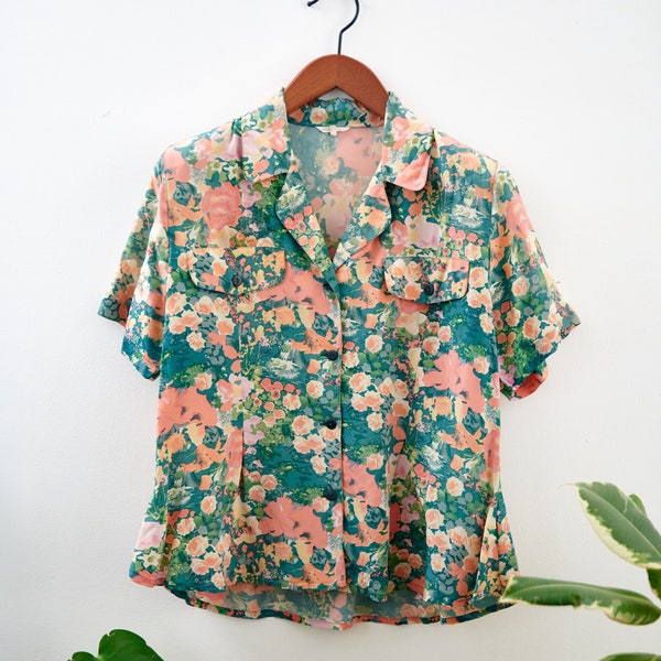 Green, Orange and Pink Floral Abstract Silk Vintage Blouse - M