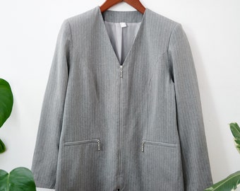Grey Pinstripe Vintage Zip Up Jacket - M