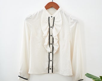 Cream, Ruffled Vintage Blouse with Black Scalloped Trim - S