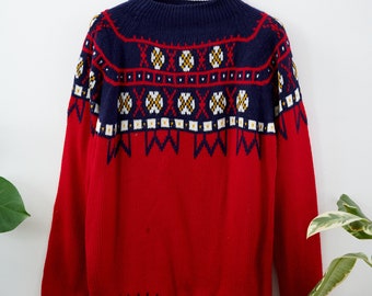 Jersey vintage Fair Isle azul marino, mostaza y rojo - XL