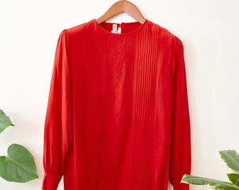 Red Silk Embroidered Vintage Blouse - M