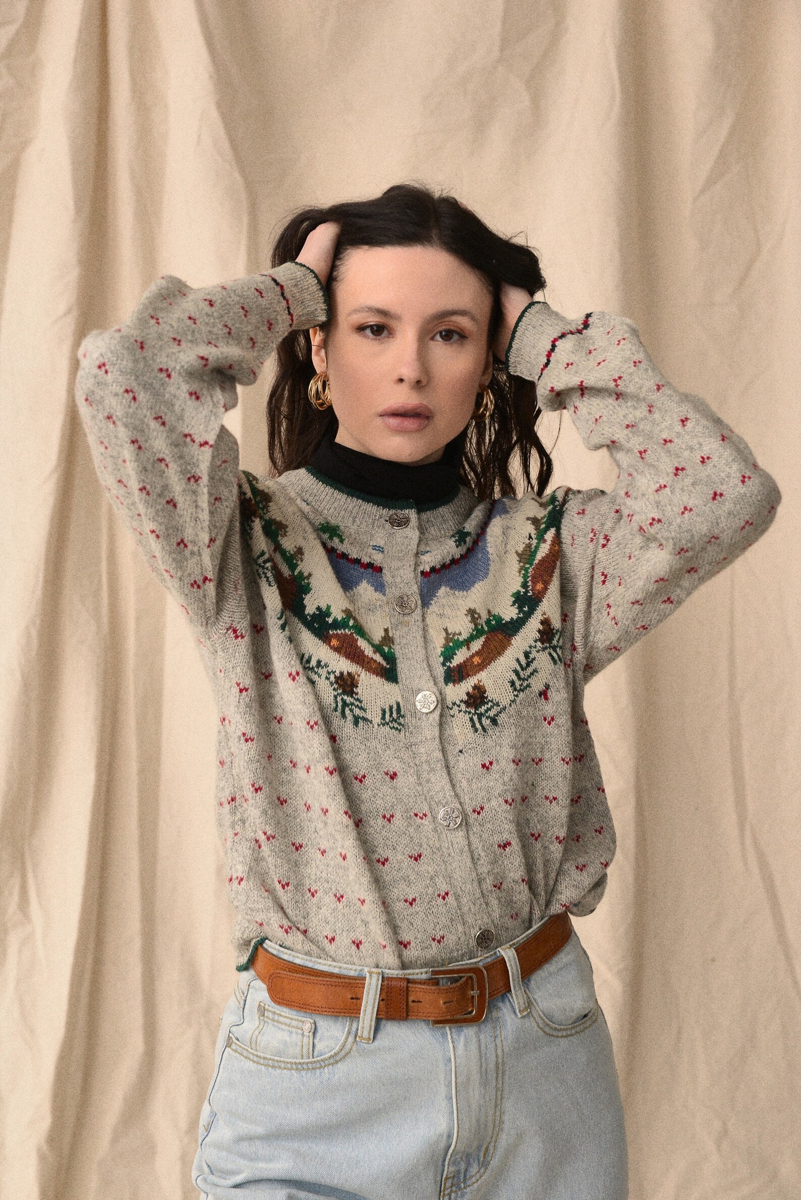 Grau gemusterte Vintage Strickjacke M | Etsy