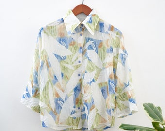 White, Blue, Green and Brown Vintage Floral Blouse - L