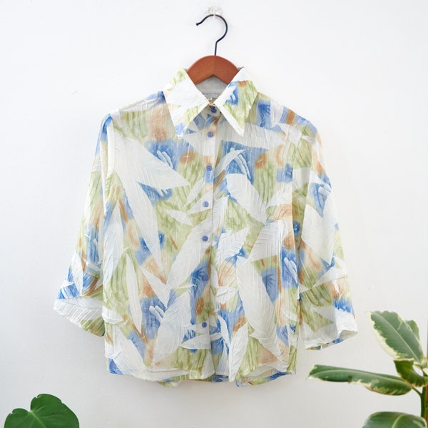 White, Blue, Green and Brown Vintage Floral Blouse - L