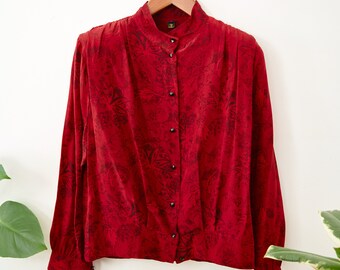 Black and Burgundy Vintage Silk Blouse - L