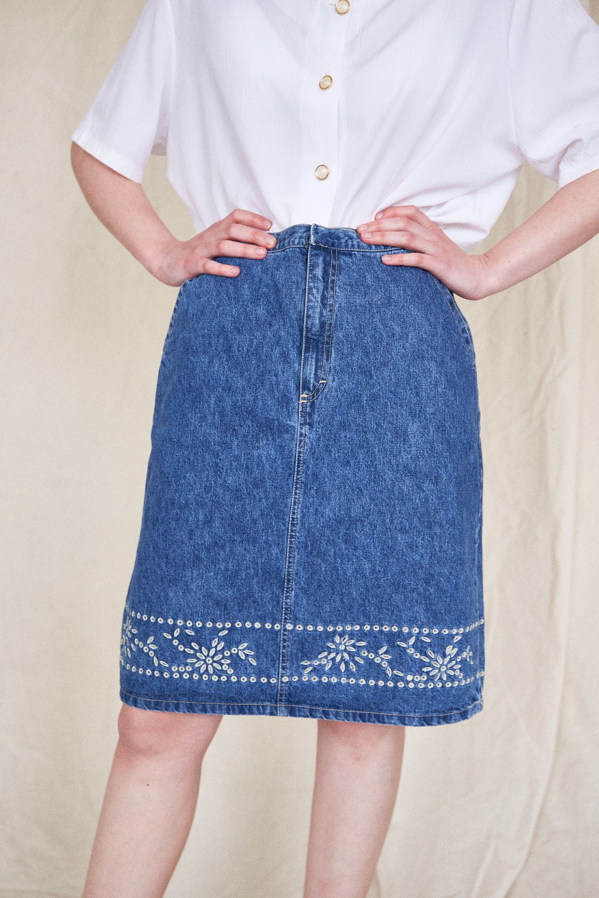 Denim Vintage Skirt with White Embroidery Etsy